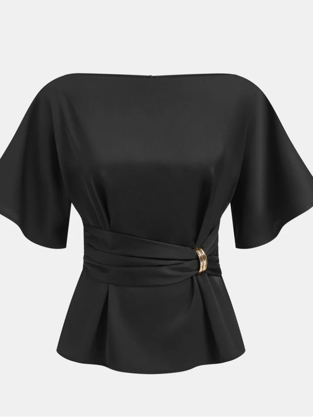 Commense Black Blouse with Gold Ring Waist Accent